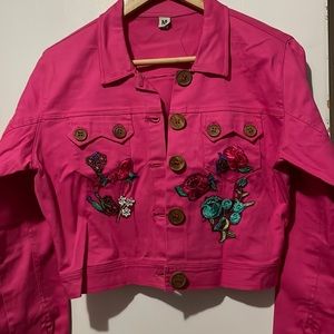 Hot pink short jacket with hand sewn flowers